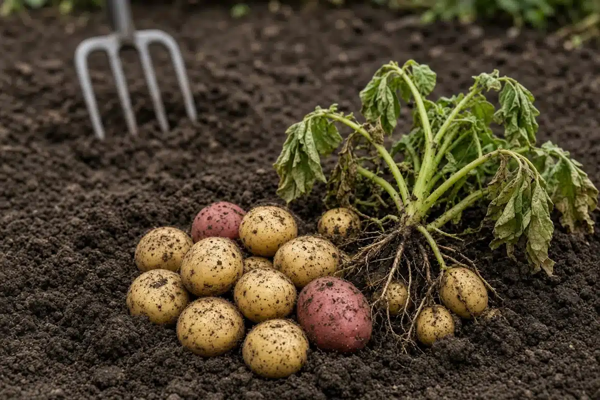 Freshly dug potatoes on soil