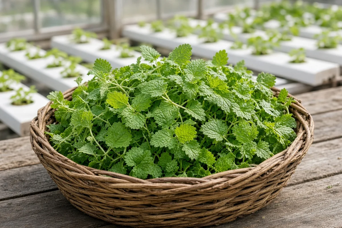 Freshly picked toothed leaves in a harvest basket