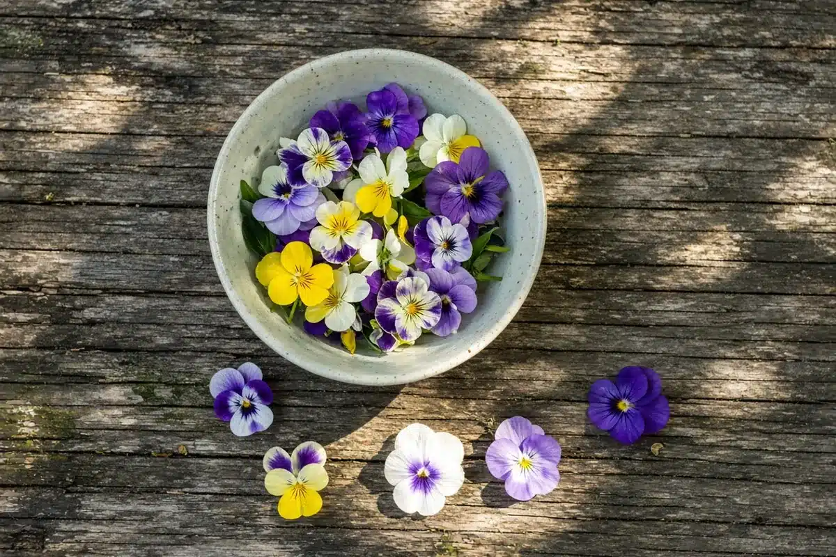 Freshly picked viola flowers in a small bowl