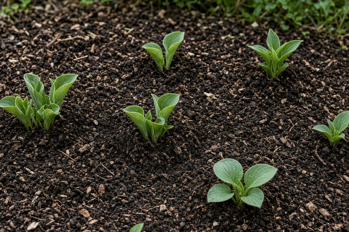 Freshly replanted hosta divisions in a bed