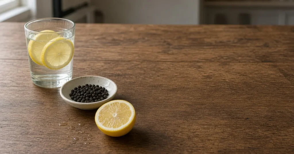 Glass of water, lemon slices and peppercorns on a table
