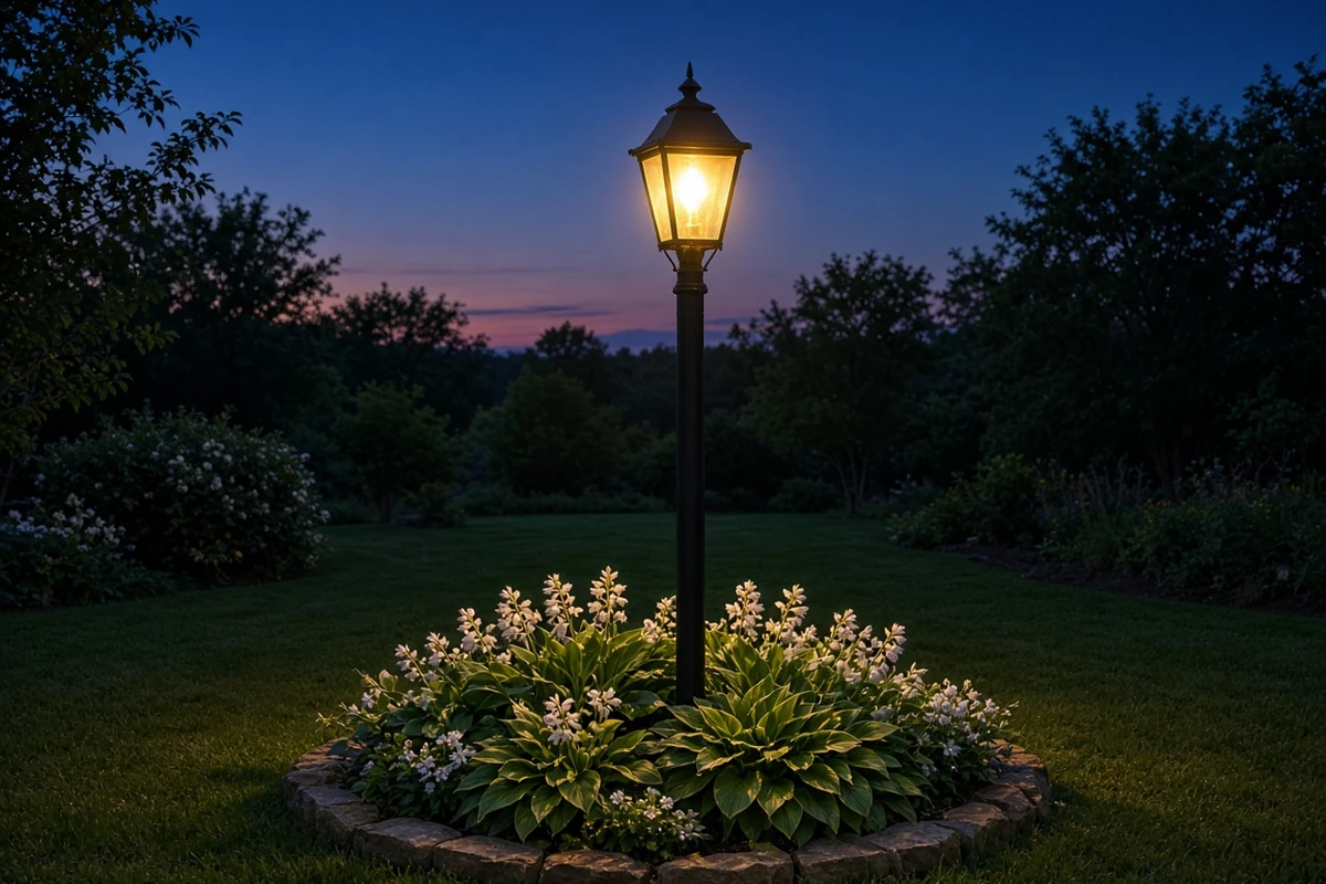Front yard lamp post bed at dusk