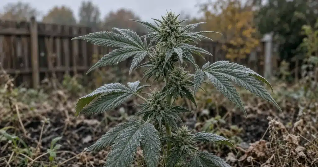 Outdoor cannabis plant with frost-covered leaves on an early autumn morning