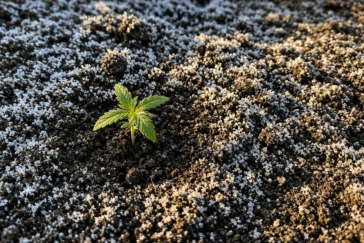Frost on garden soil at dawn