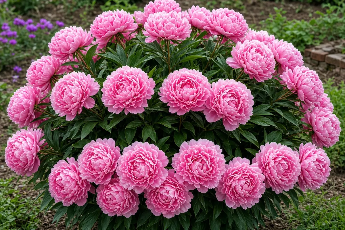 Full peony bush in late spring bloom