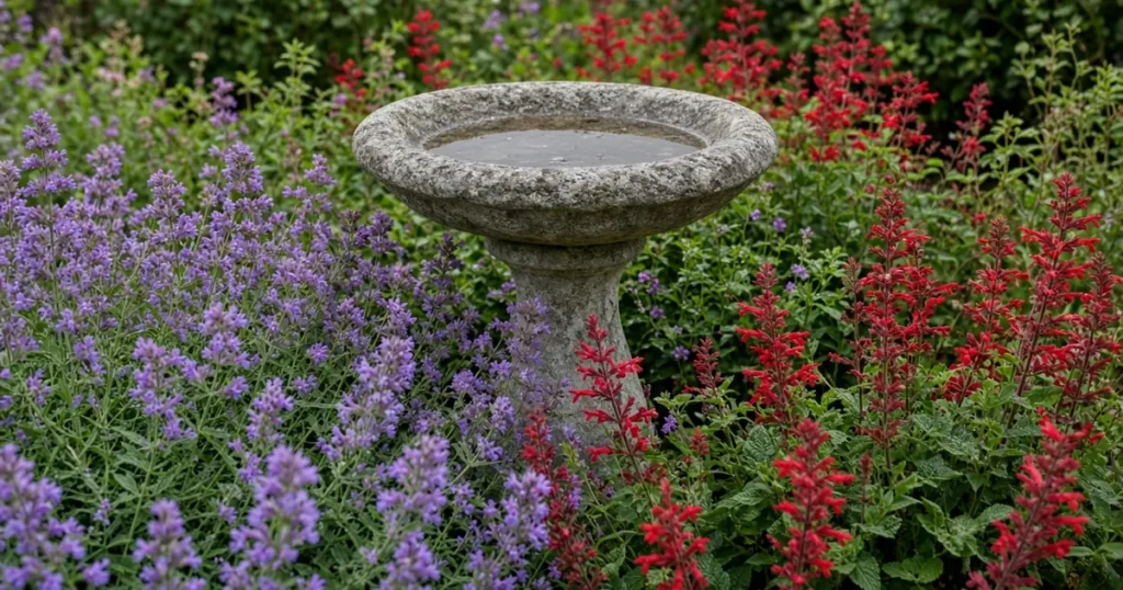 Stone birdbath surrounded by low flowering plants