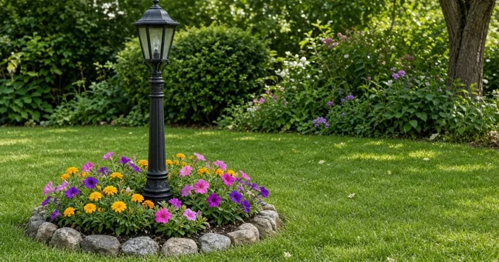 Lamp post with a small round flower bed at its base