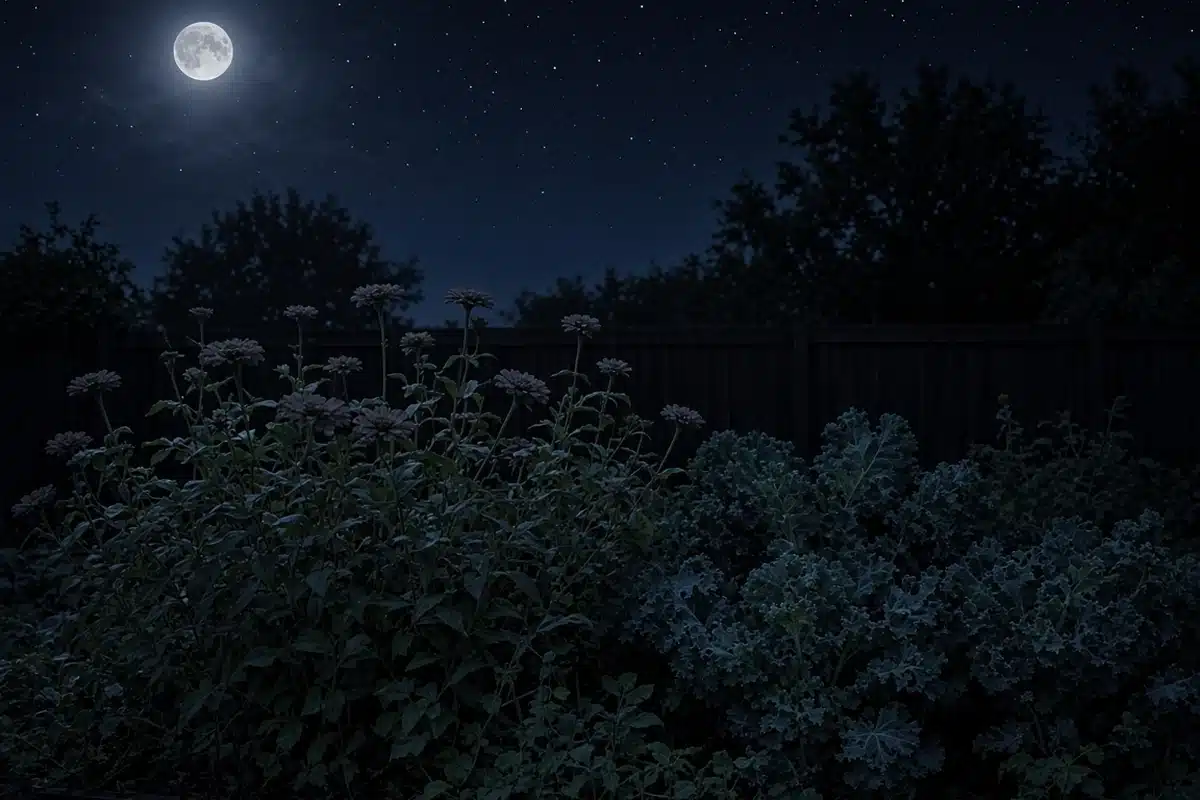 Garden bed at night with no direct lighting