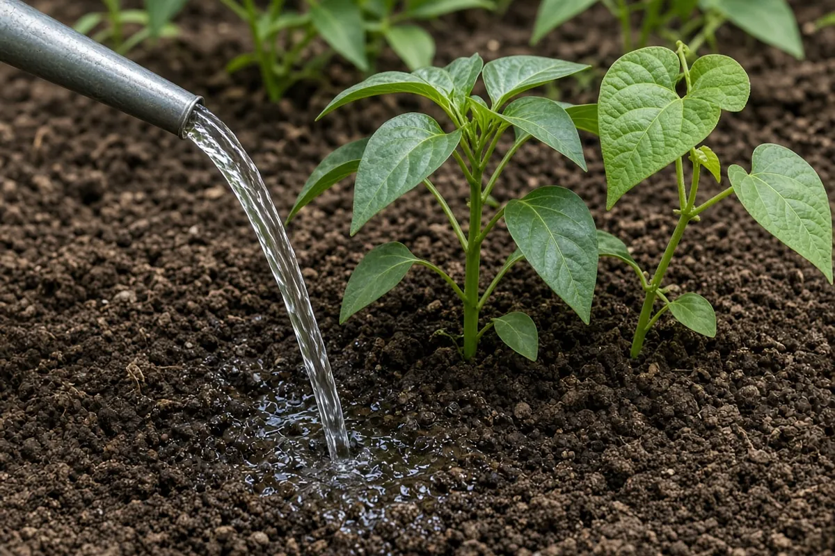 Garden bed being watered at the base of plants