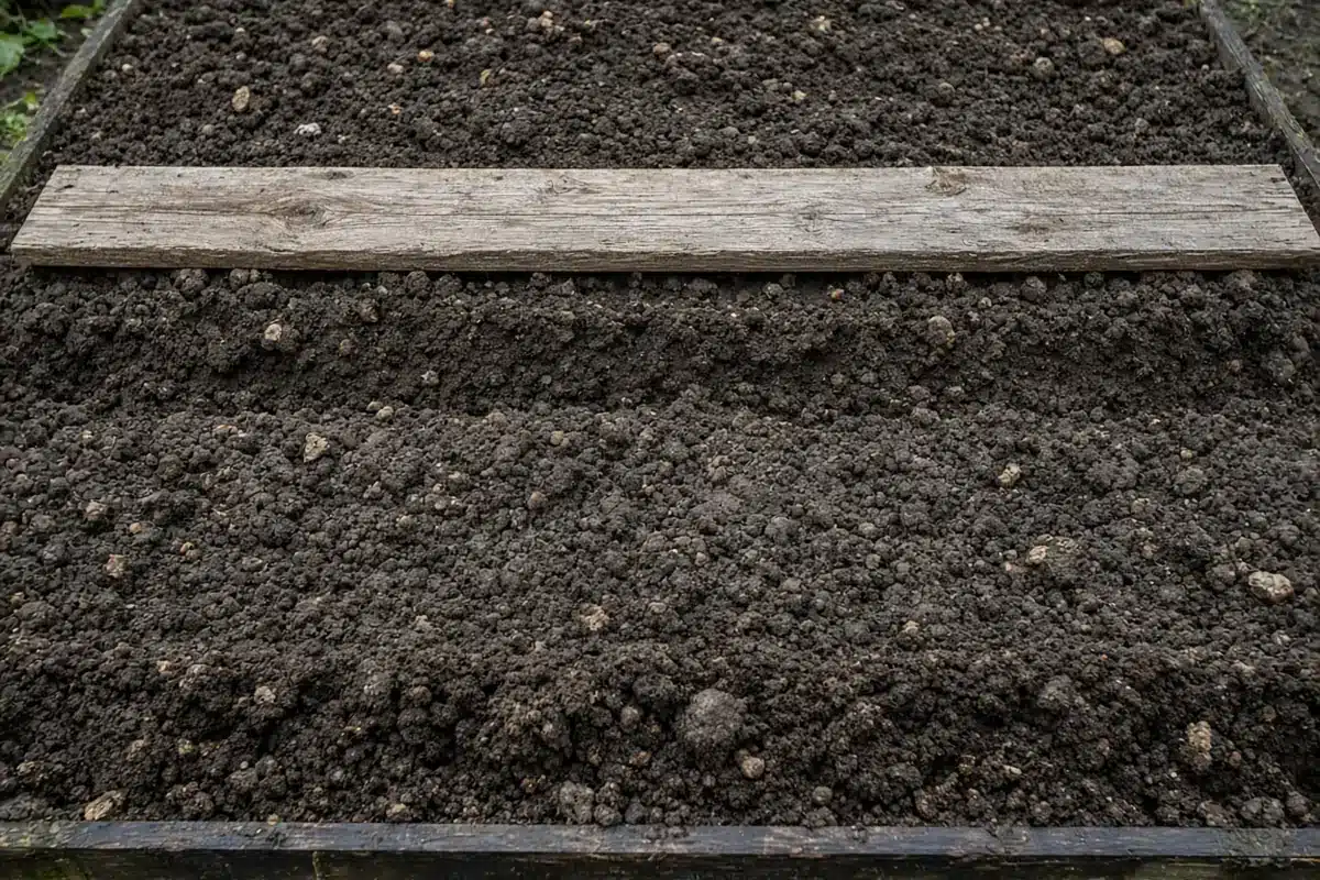 Garden bed with a board laid over a carrot row