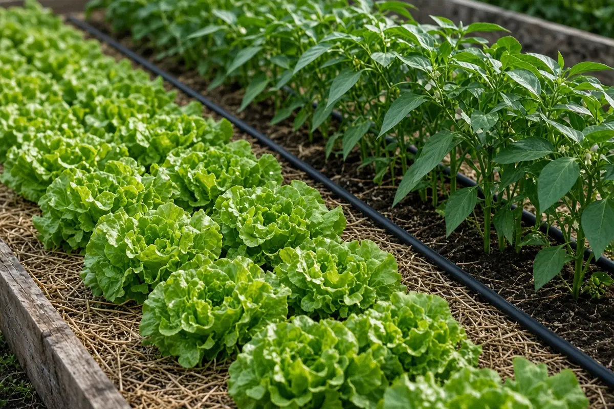 Garden bed with drip lines running between plants