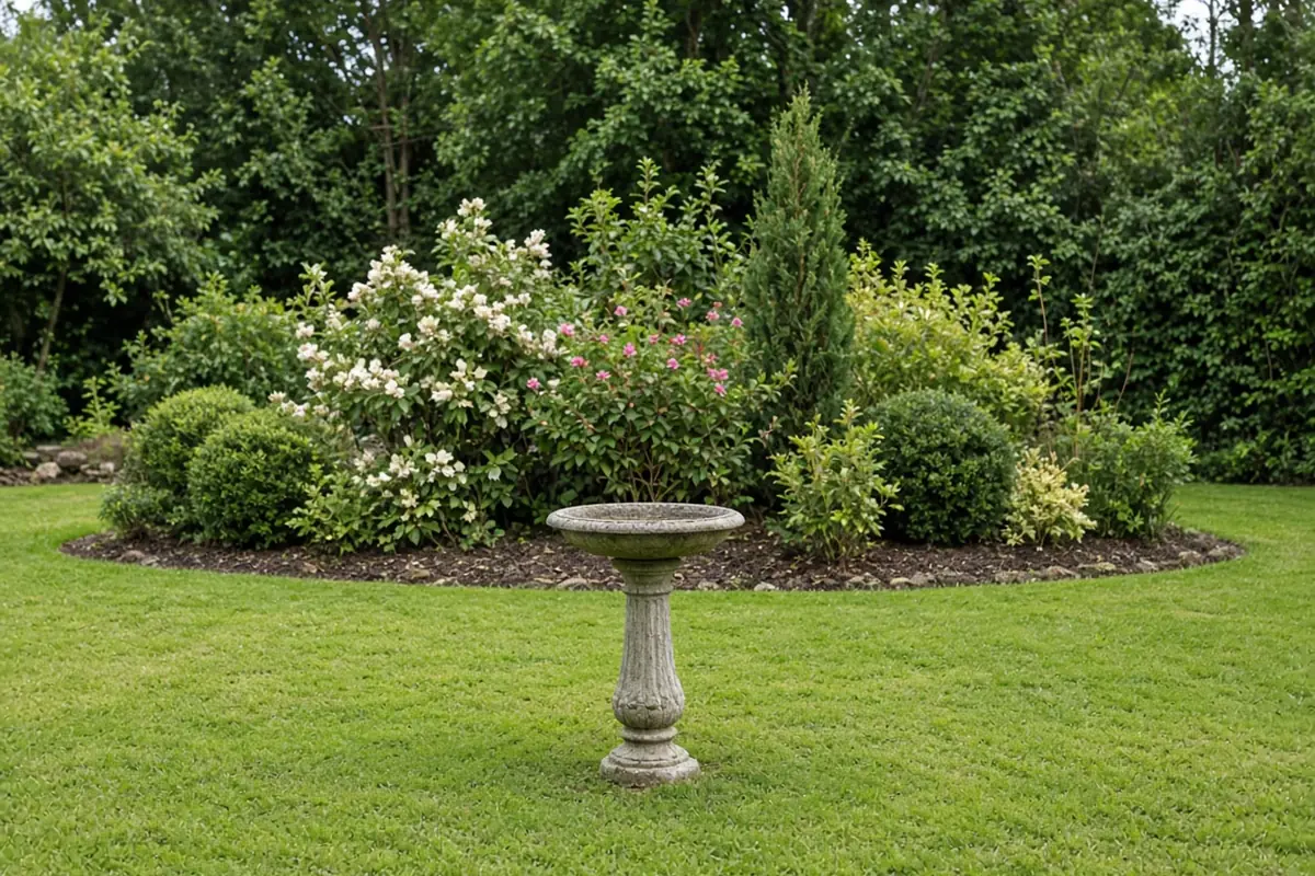 Garden bed with shrubs set back from a birdbath