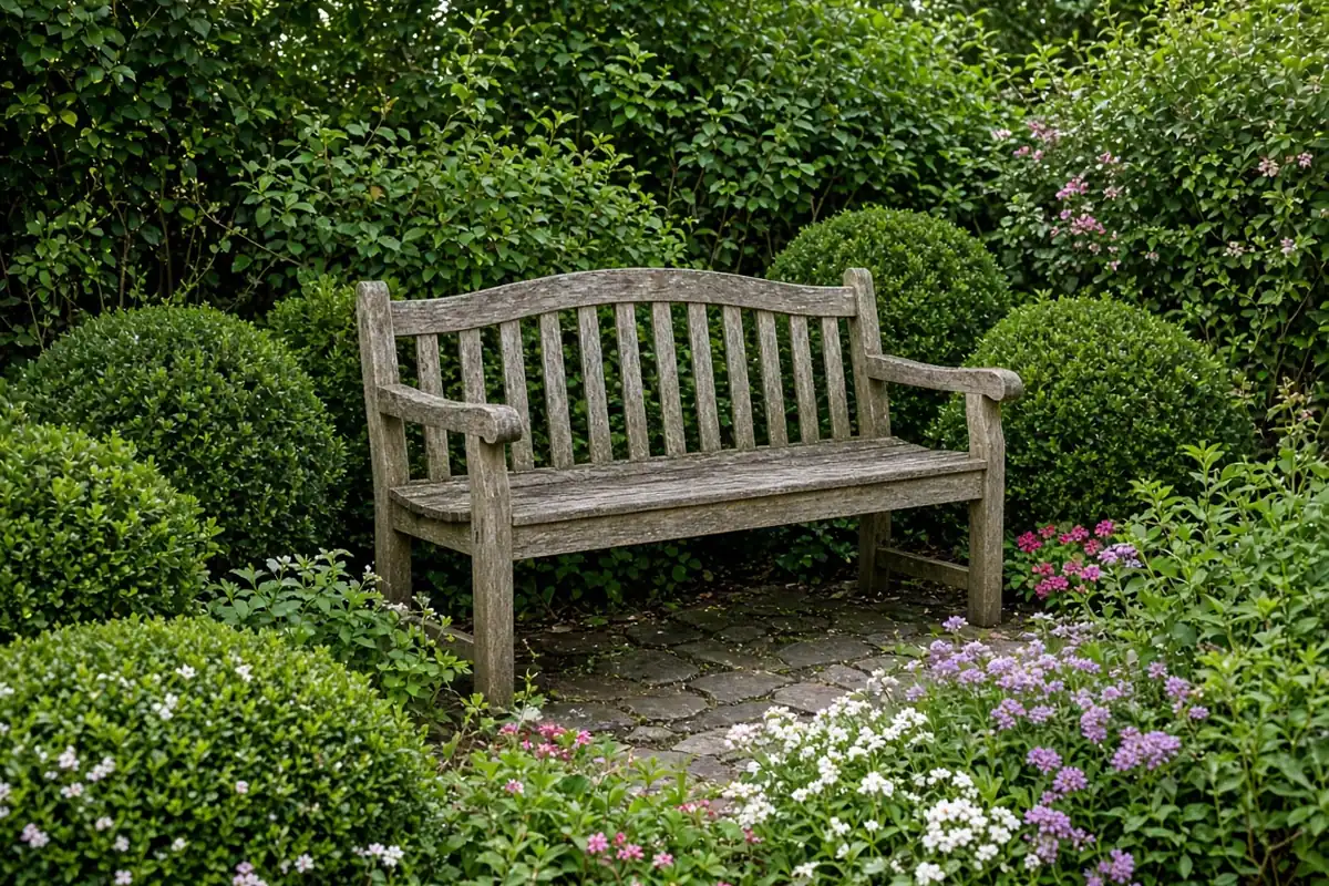 Garden bench as a focal point among shrubs