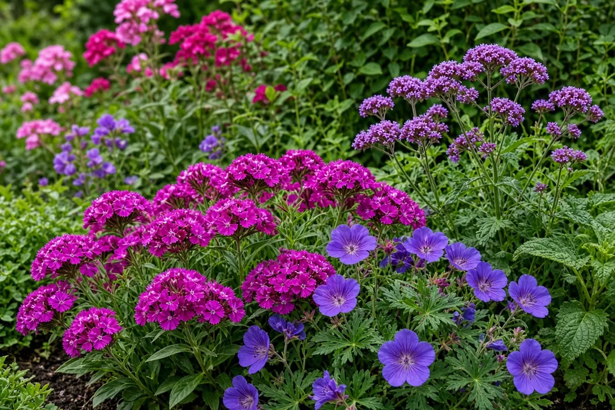 Garden border in bloom with clustered flowers