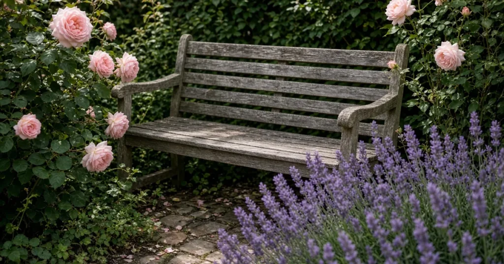 Wooden garden bench framed by fragrant flowering plants