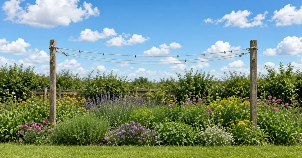 Clothesline above a low planted bed in a sunny yard