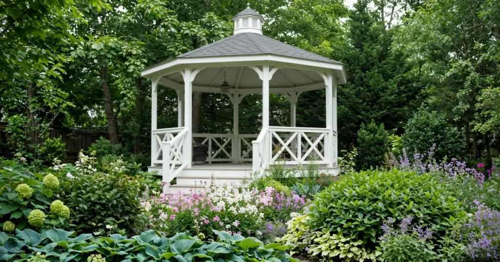 White gazebo surrounded by layered planting beds