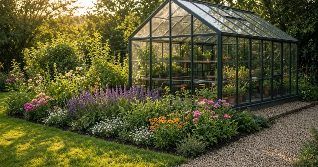 Planted beds along the outside of a small glass greenhouse