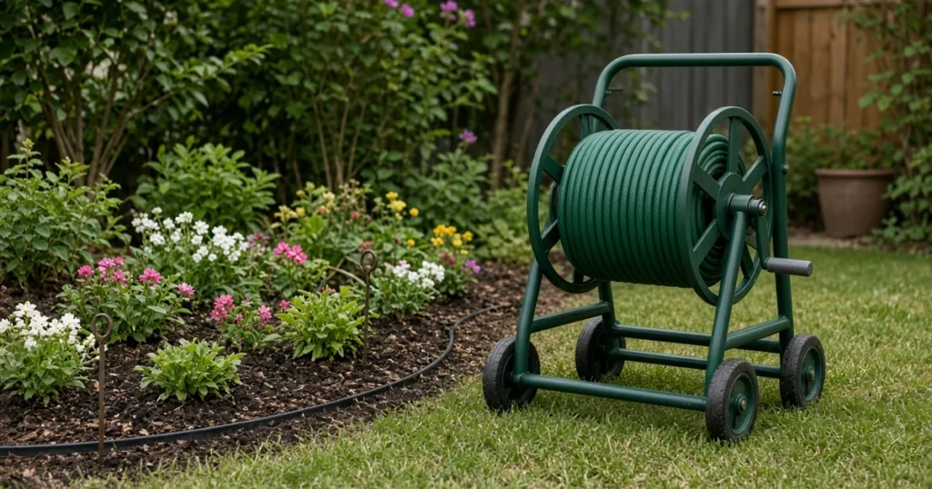 Hose reel beside a planted bed with hose guides