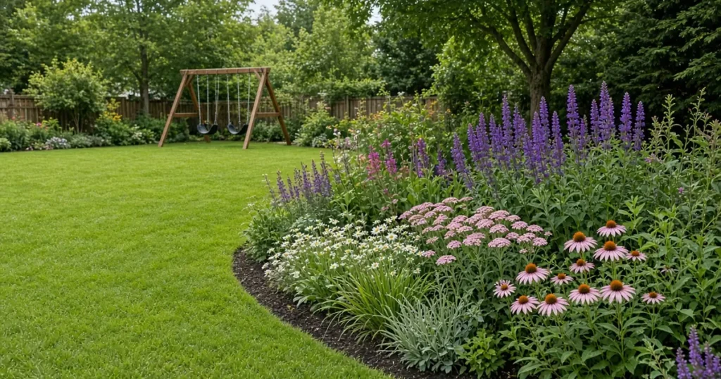 Planted border edging a backyard play lawn