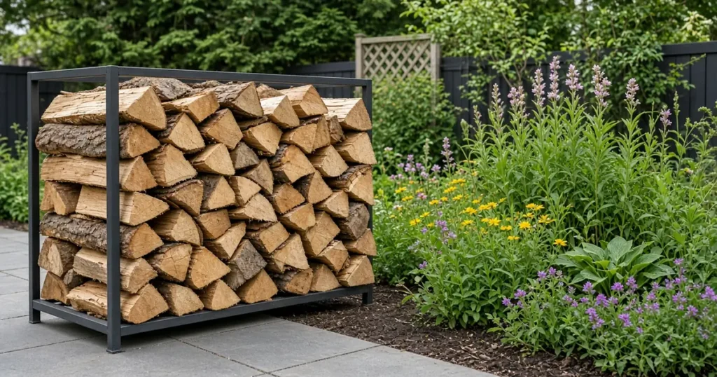 Neat stack of firewood on a raised rack beside a bed