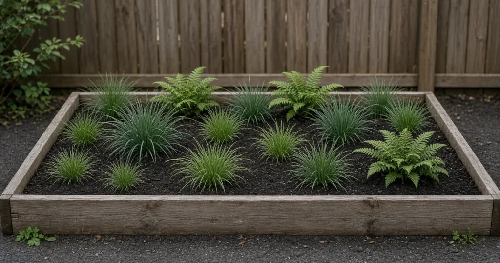 Low cedar bed of ferns and sedges in dark moist soil