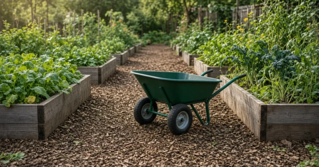 Green wheelbarrow on a wide mulch path between raised beds