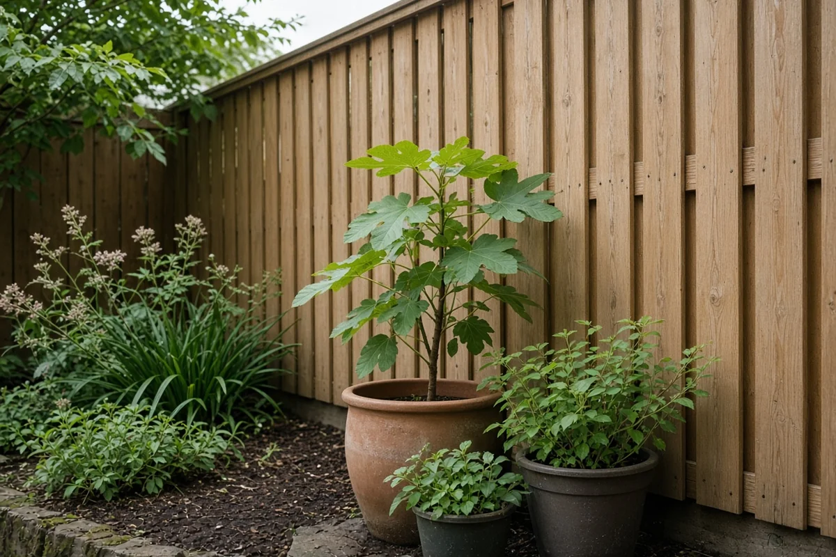 Garden corner sheltered from wind by a fence