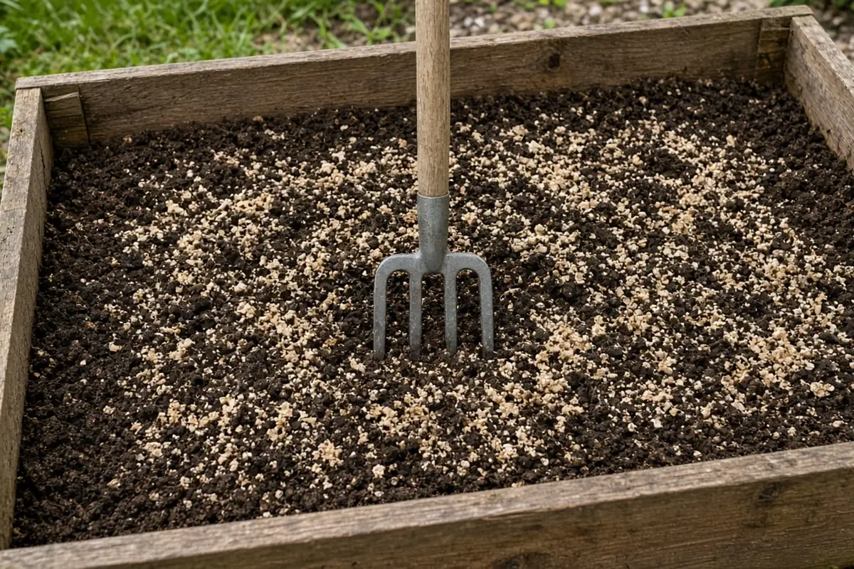 Garden fork resting in a raised bed with compost and organic meal partly blended in, ready for planting cannabis