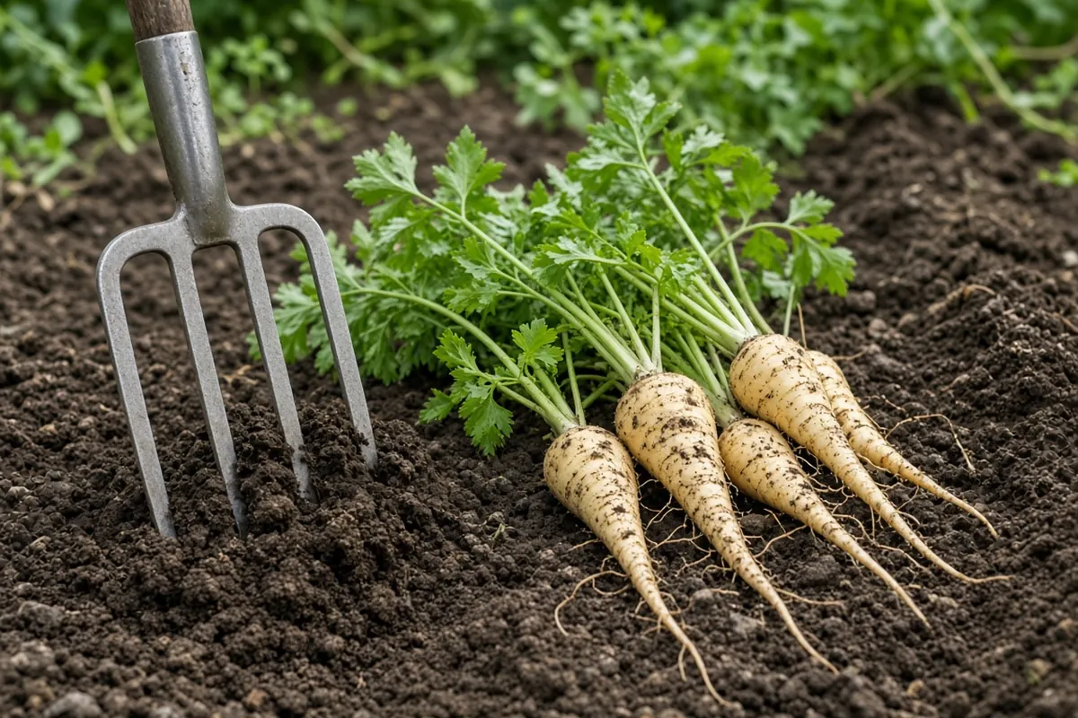Garden fork loosening soil beside roots