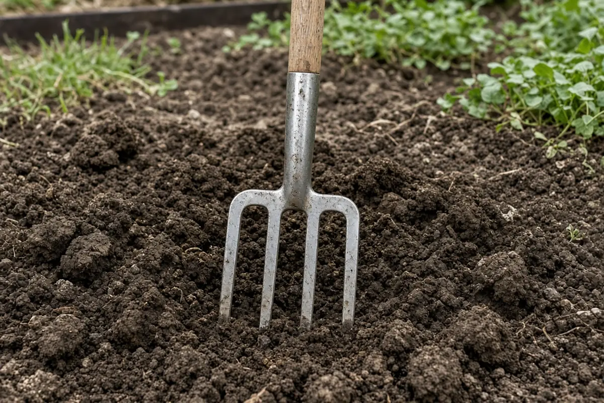 Garden fork loosening soil in a bed
