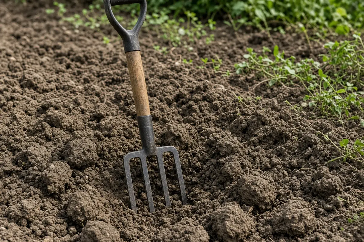 Garden fork standing in loosened compacted soil