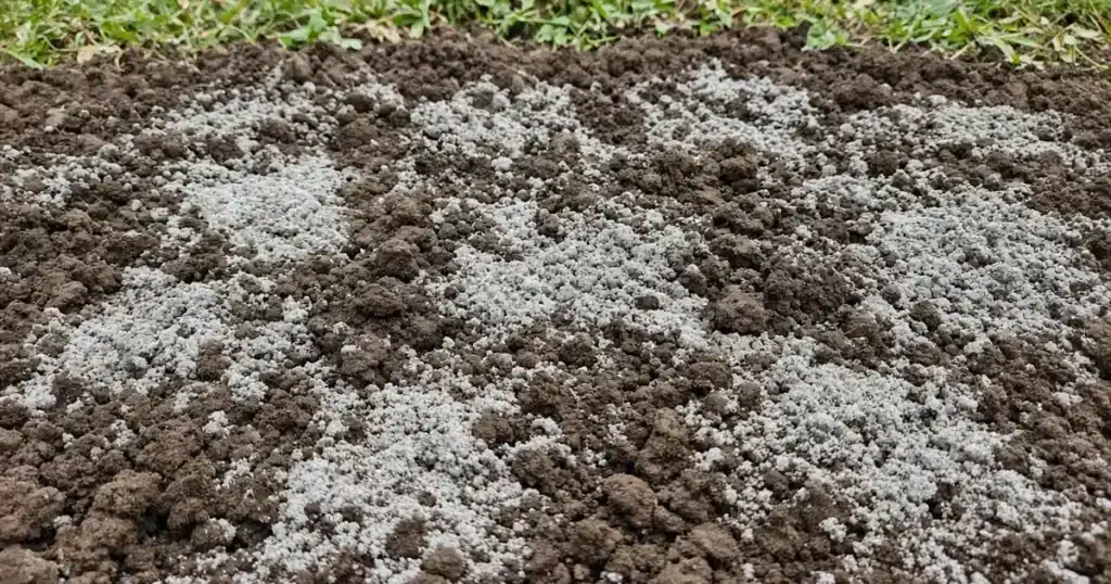 Gray garden lime spread over a tilled soil bed before planting
