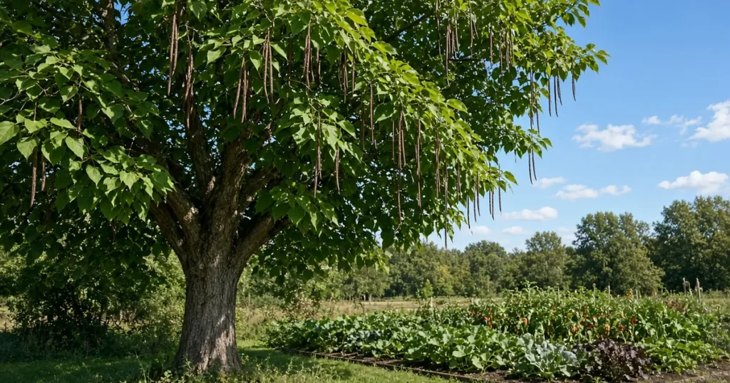 Catalpa tree with long hanging pods beside a garden