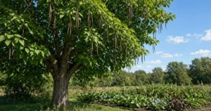 Catalpa tree with long hanging pods beside a garden
