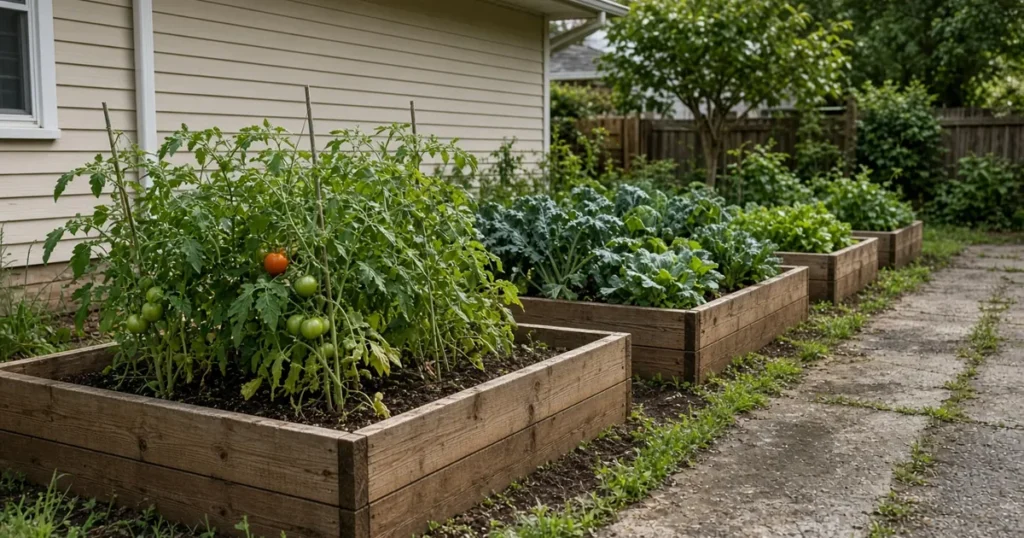 Wooden raised vegetable beds beside a house on a former driveway