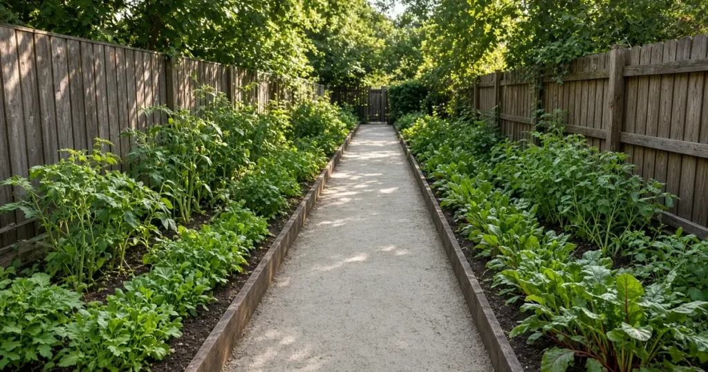 Long narrow backyard with vegetable beds along both fences