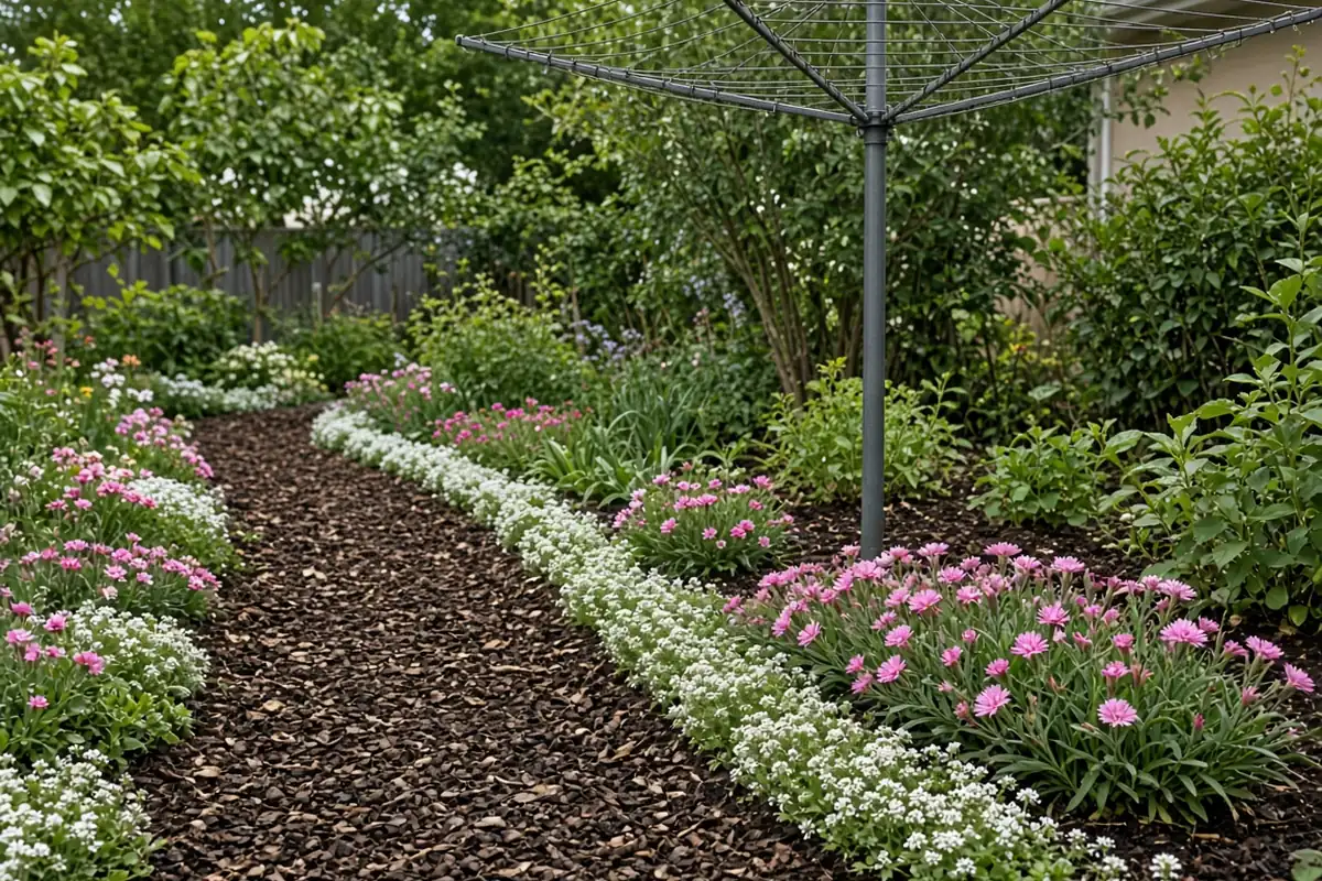Garden path beside a clothesline with low flowers