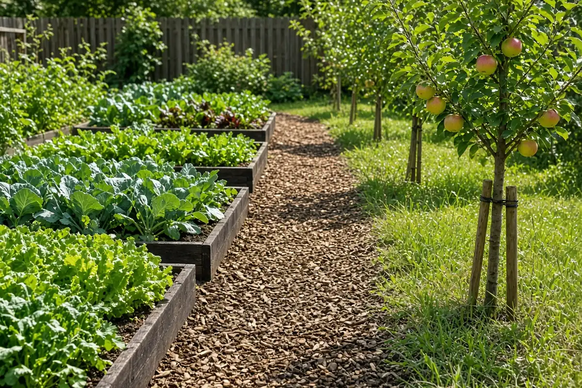 Garden paths between vegetable beds and fruit trees