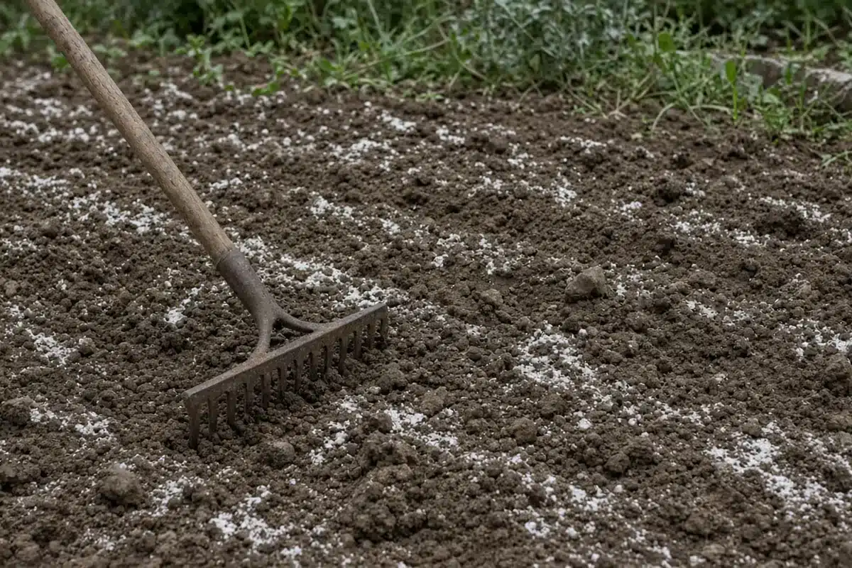 Garden rake resting in loose brown soil with white gypsum specks scattered over it