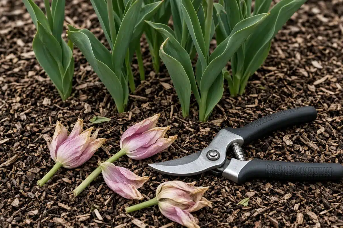 Garden snips beside freshly cut tulip heads