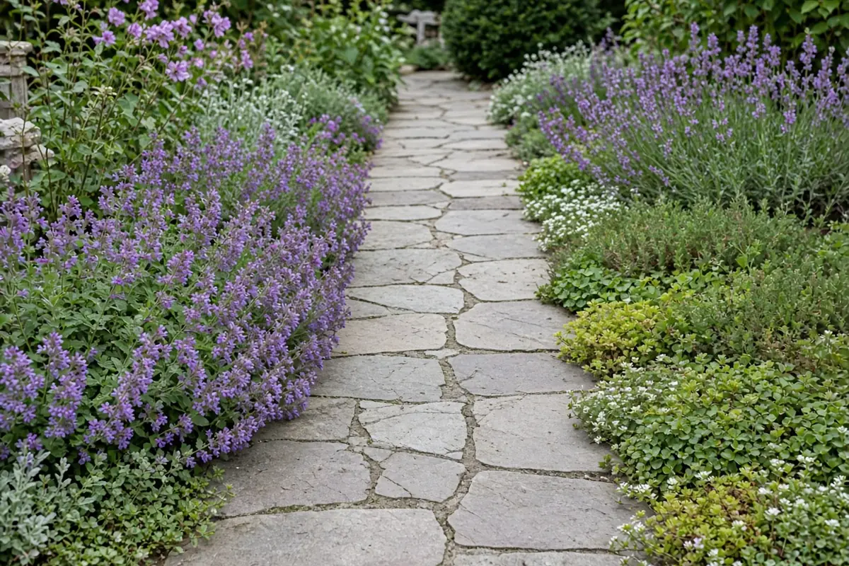 Garden walkway lined with low plants