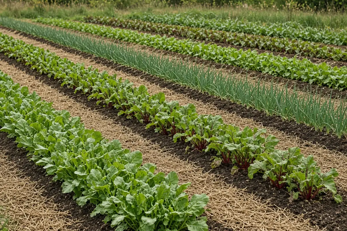Garden with wide planted rows and narrow paths