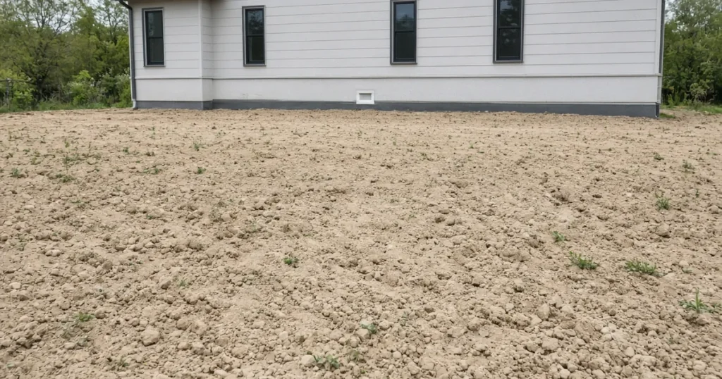 Compacted pale fill soil in a new construction backyard