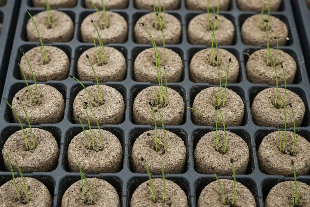 Garlic chive seedlings in plugs