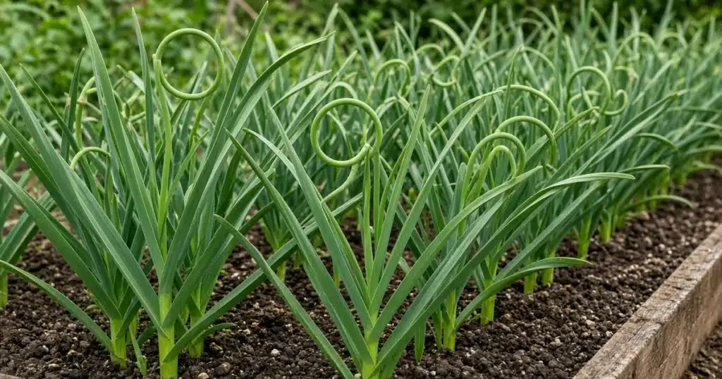 Hardneck garlic plants with curling scapes in a garden bed