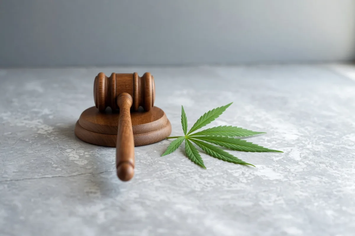 Wooden gavel beside a cannabis leaf