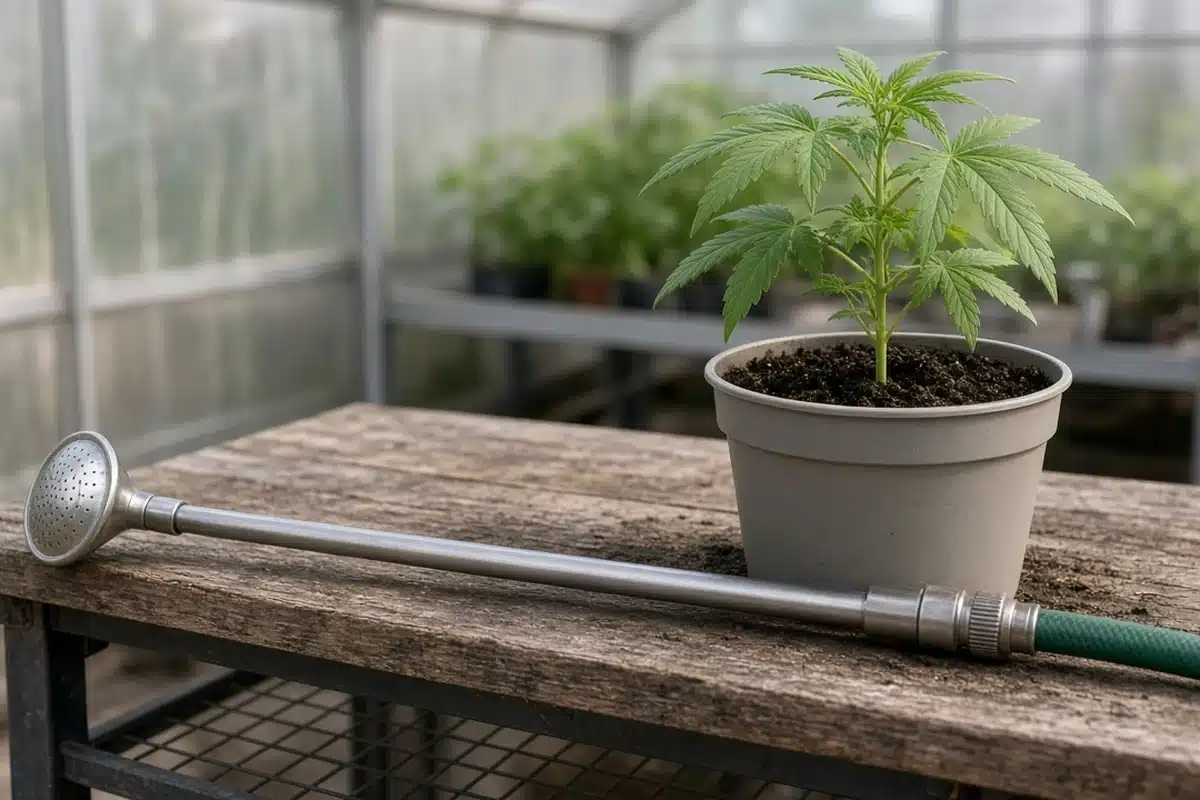 Water breaker wand resting on a greenhouse bench edge beside a freshly watered potted cannabis seedling