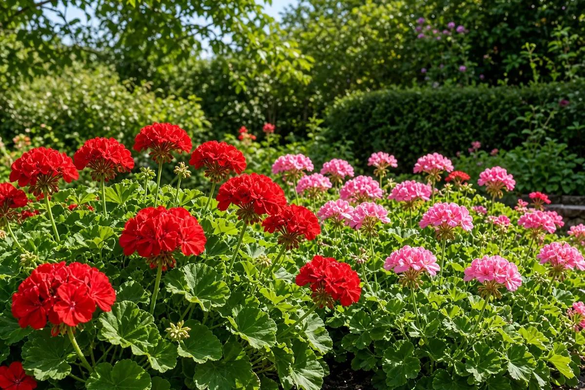 Geranium plants blooming in a garden