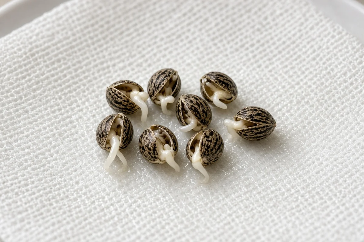 Cannabis seeds sprouting taproots on a paper towel